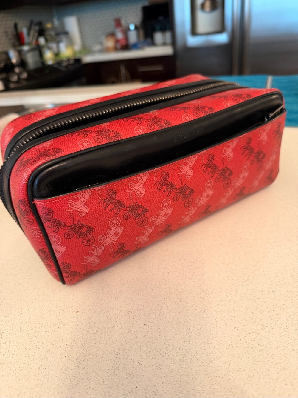 Coach Red Signature Carriage Print Toiletry Kit with Black Trim